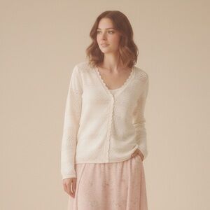 FRYE Cotton Airy Cottagecore Airy Ivory Cardigan with Scalloped Edges L